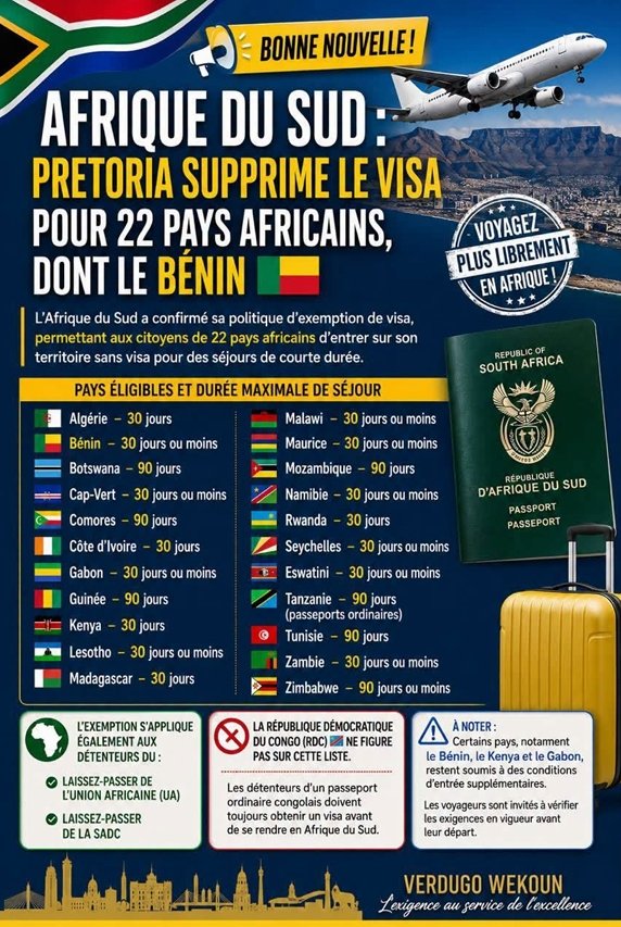 Le Bénin parmi les 22 pays africains exemptés de visa pour les courts séjours en Afrique du Sud